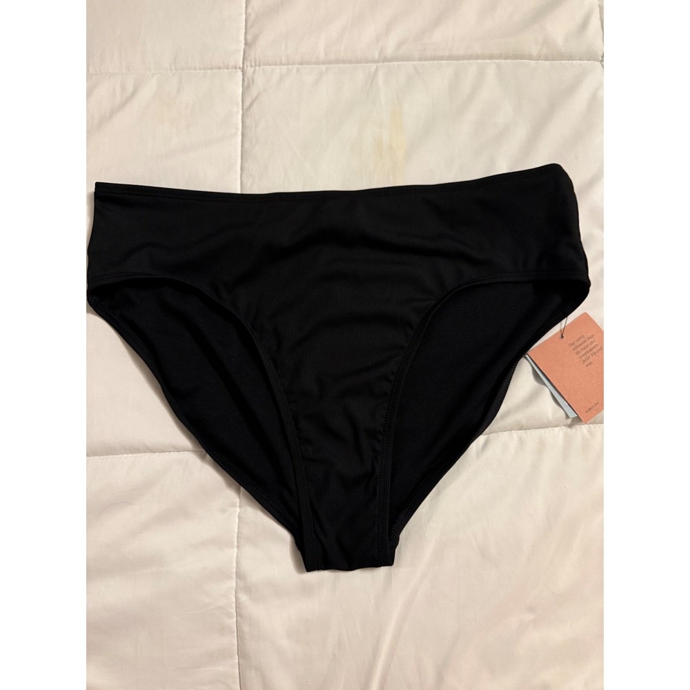 Shade & Shore Black Ribbed Mid Rise Curvy Fit Bikini Bottom Size L 12-14 NWT